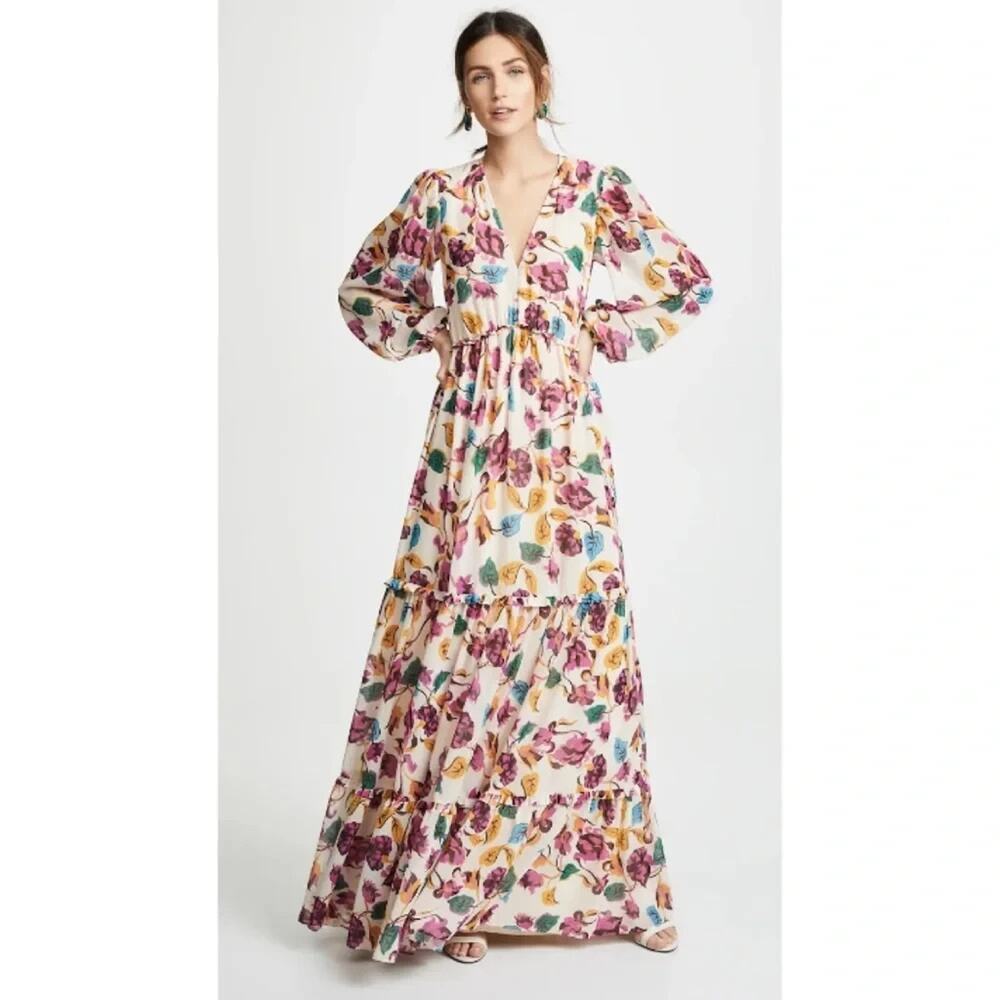 NWT Saloni Nina Tiered Floral Long-sleeve Maxi Dress Sz US 12 Japonica 9M605